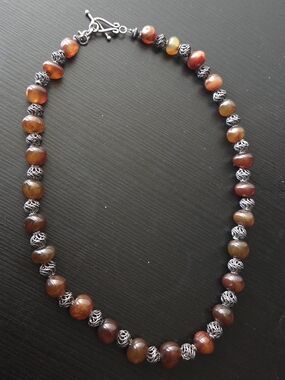 Vintage Handcrafted Brown Agate Bead Necklace with Silver Sterling